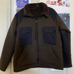 Brown and Black Utility Jacket With Brown Sherpa Lining